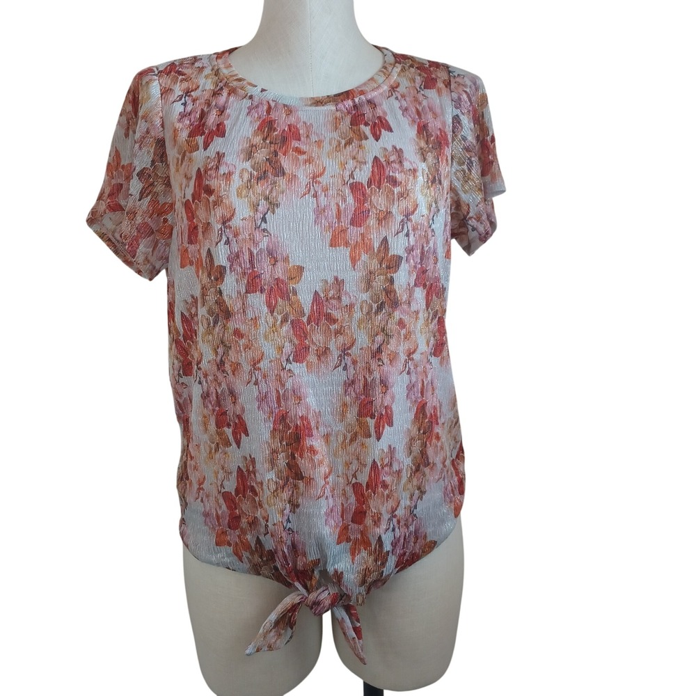 Eva Franco Metallic Floral Tie Front Top Short Sleeve Orange Red Size Medium